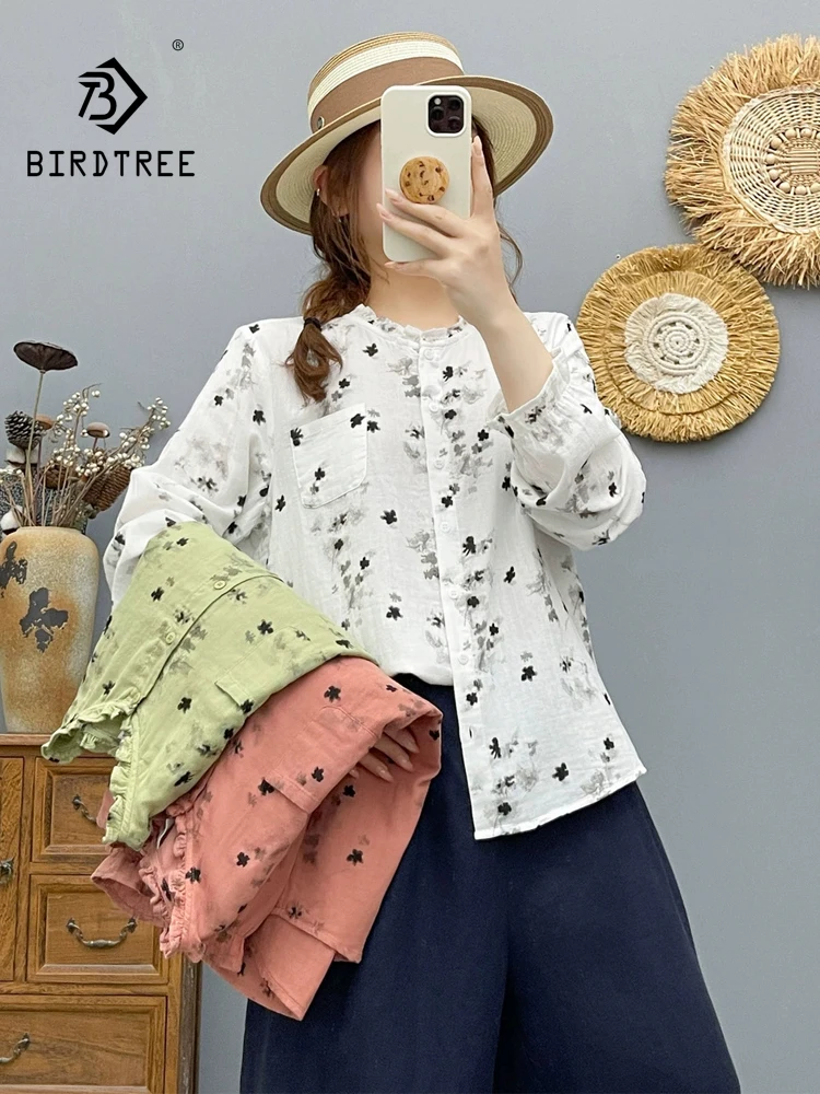 New 2026 Autumn Women Cotton Yarn Long Sleeve Shirt, Ruffled Print, Mori Girl Commute Soft Comfortable Loose Blouse T6O422CC