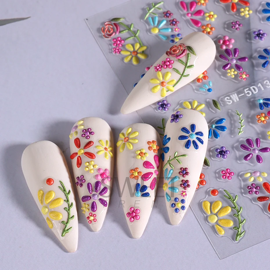 5D colorati piccoli fiori adesivi incisi per unghie filigrana Design floreale stile bohémien decalcomanie con ciondoli semplici fogli per Manicure primaverile