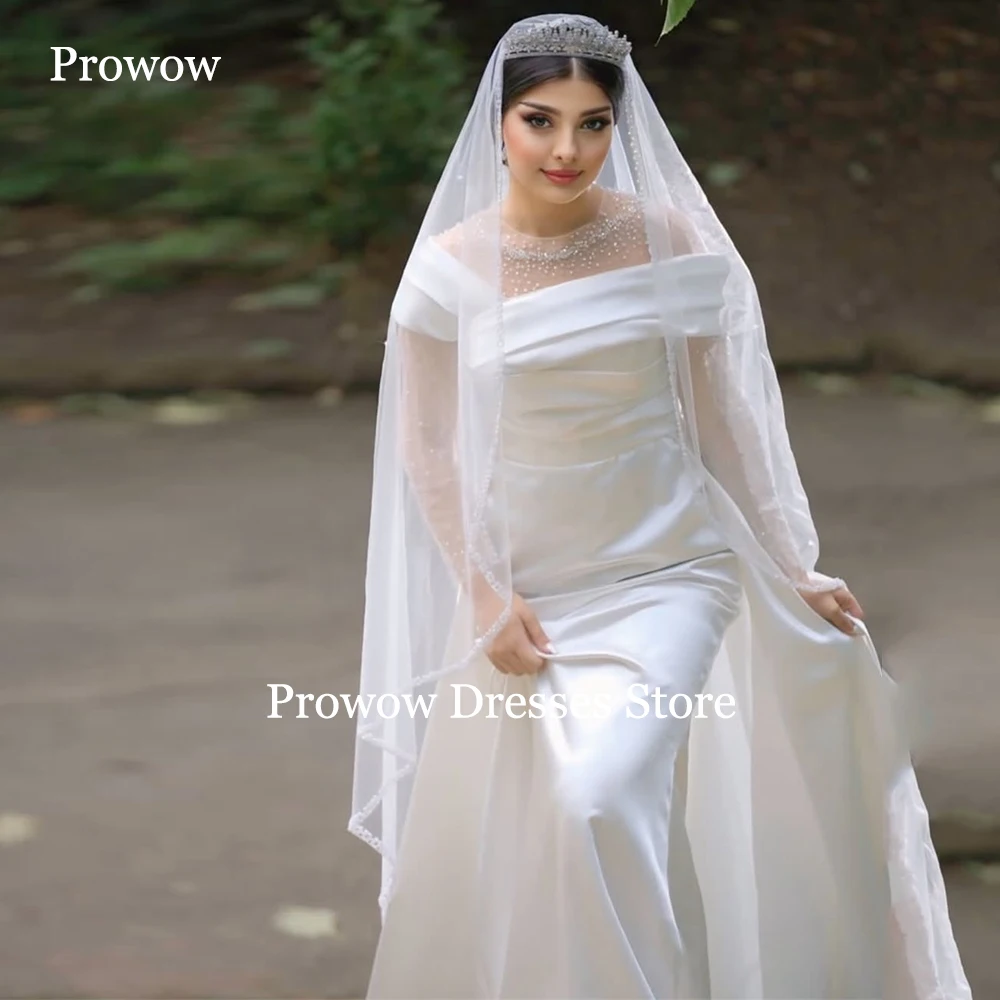 Prowow Modest Pearls Muslim A Line Wedding Dresses Off Shoulder Floor Length Bridal Gowns Customized Pleats Back