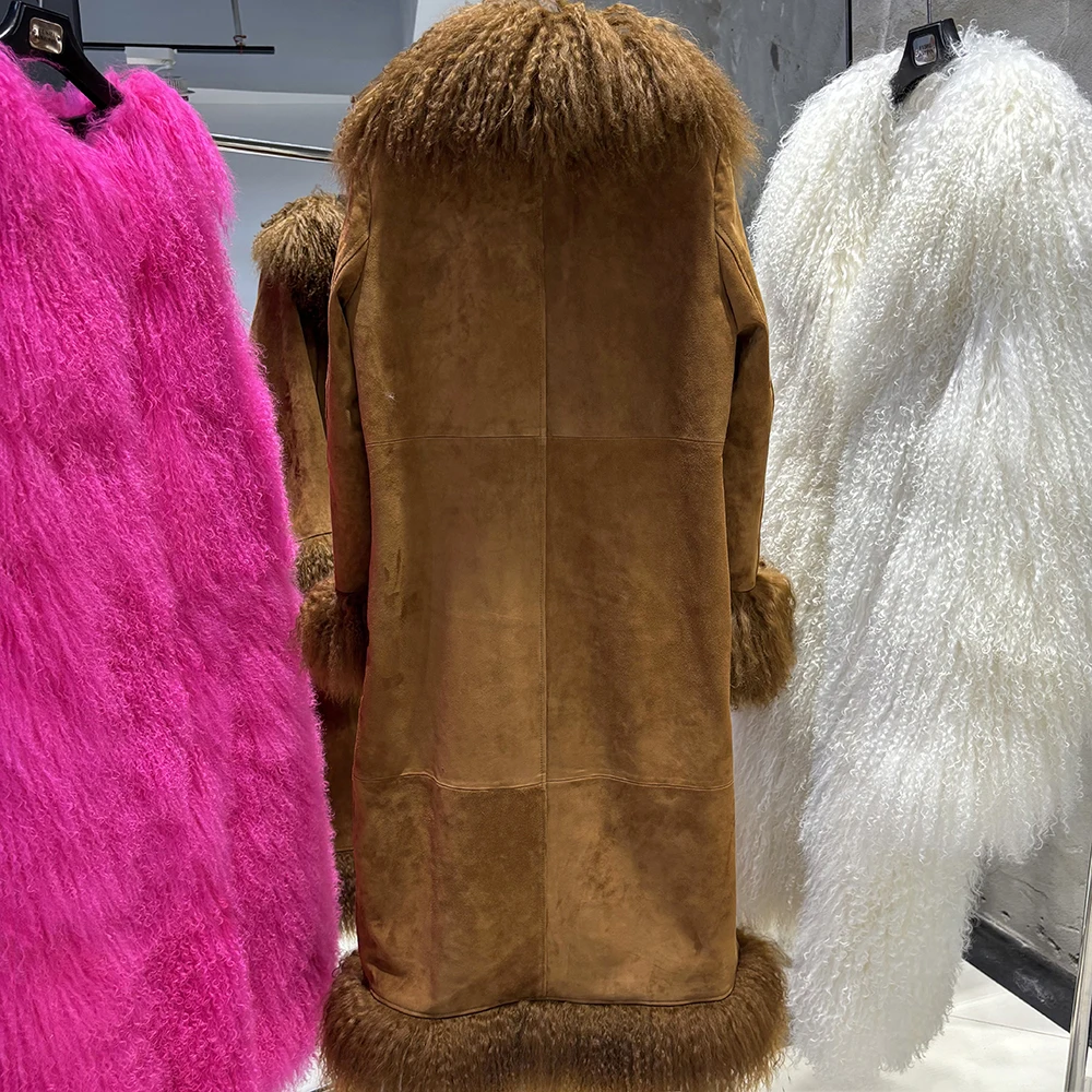 YOLOAgain Real Mongolia Sheep Fur Jacket Long Dark Brown Suede Coat Women
