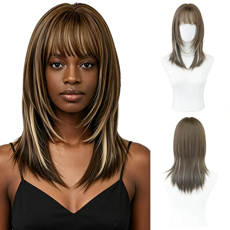 Ash Milk Tea Brown Ombre Wig For Black Women Natural Looking Layered  Straight Wig with Air Bangs Heat Resistant Synthetic Hair