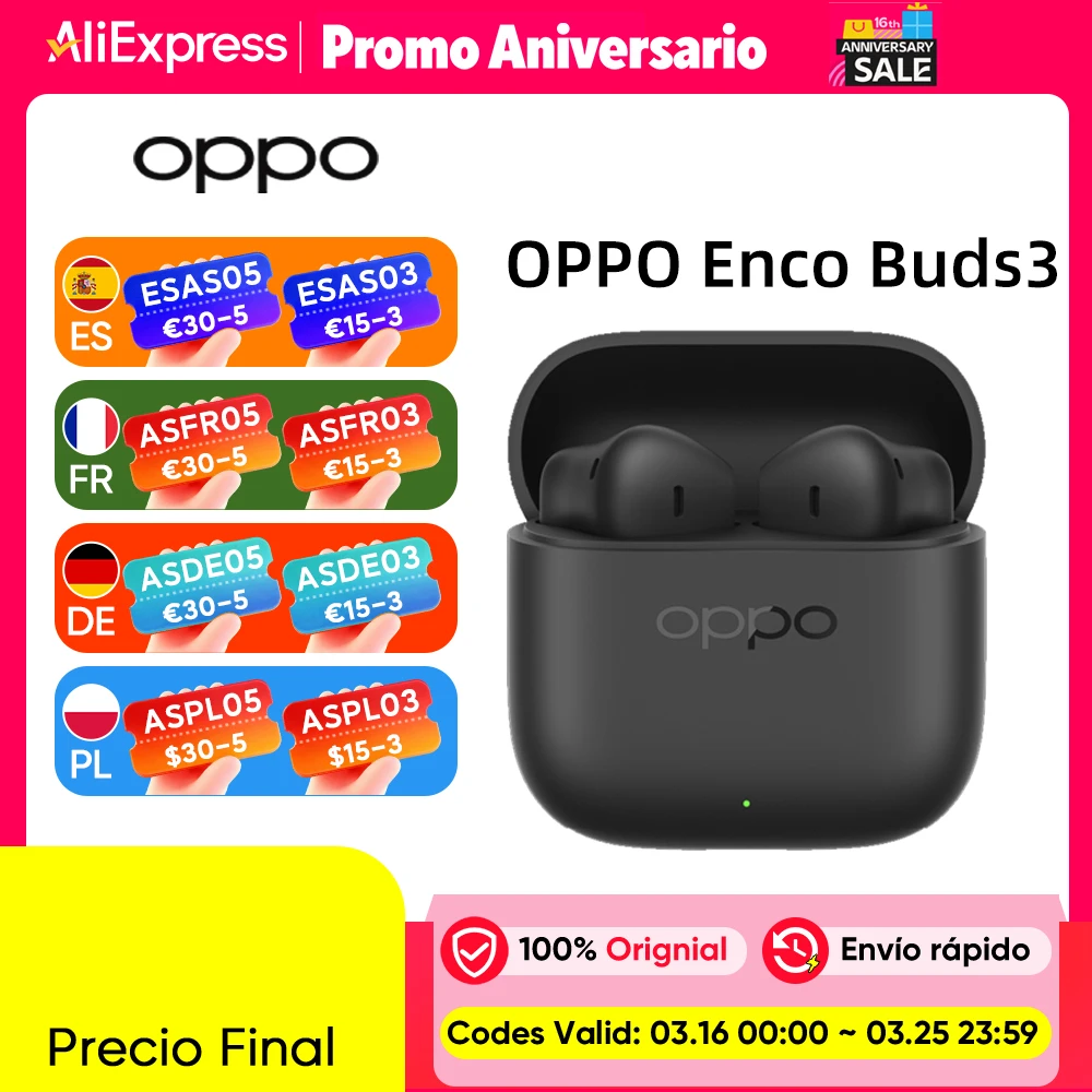 Globale Version Kopfhörer OPPO Enco Buds3 Kabellose Bluetooth 5.4-Ohrhörer, 48 Stunden Akkulaufzeit, KI-Geräuschunterdrückung, 12,4 mm Membran, IP55, geringe Latenz 94 ms, Touch-Steuerung, 3D-Sound
