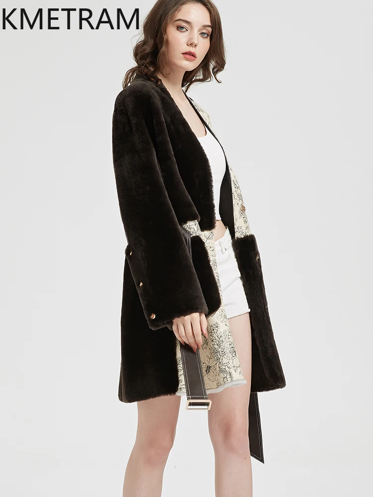 KMETRAM-abrigo de piel de oveja Natural con lana, abrigo de piel atada, chaqueta estampada de color café de longitud media para invierno 2025, con cinturón, шу onder