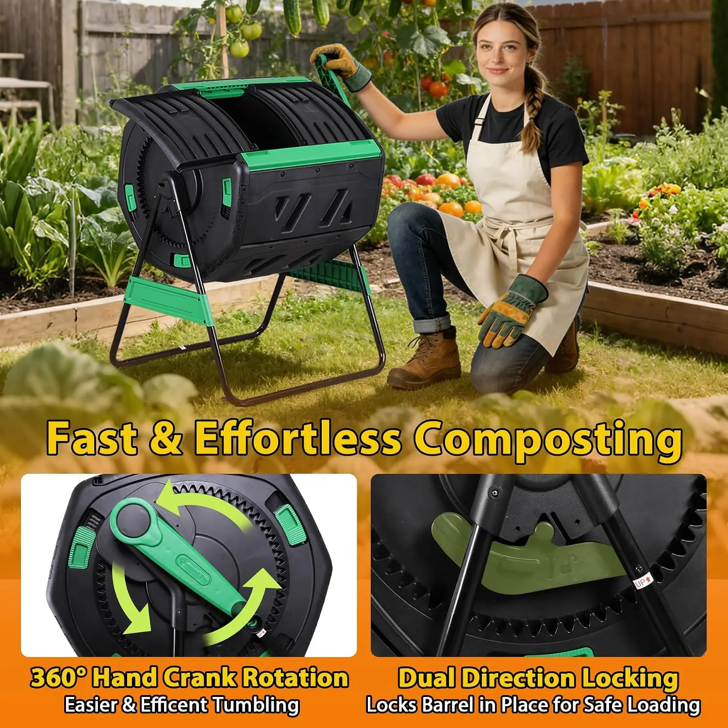 F2C 53-Gallon Dual Chamber Compost Tumbler, Outdoor Compost Bin with 360° Hand Crank & Adjustable Aeration, Includes Gloves & Tools, Sturdy Steel Frame, UV & Weather Resistant for Backyard Outdoor