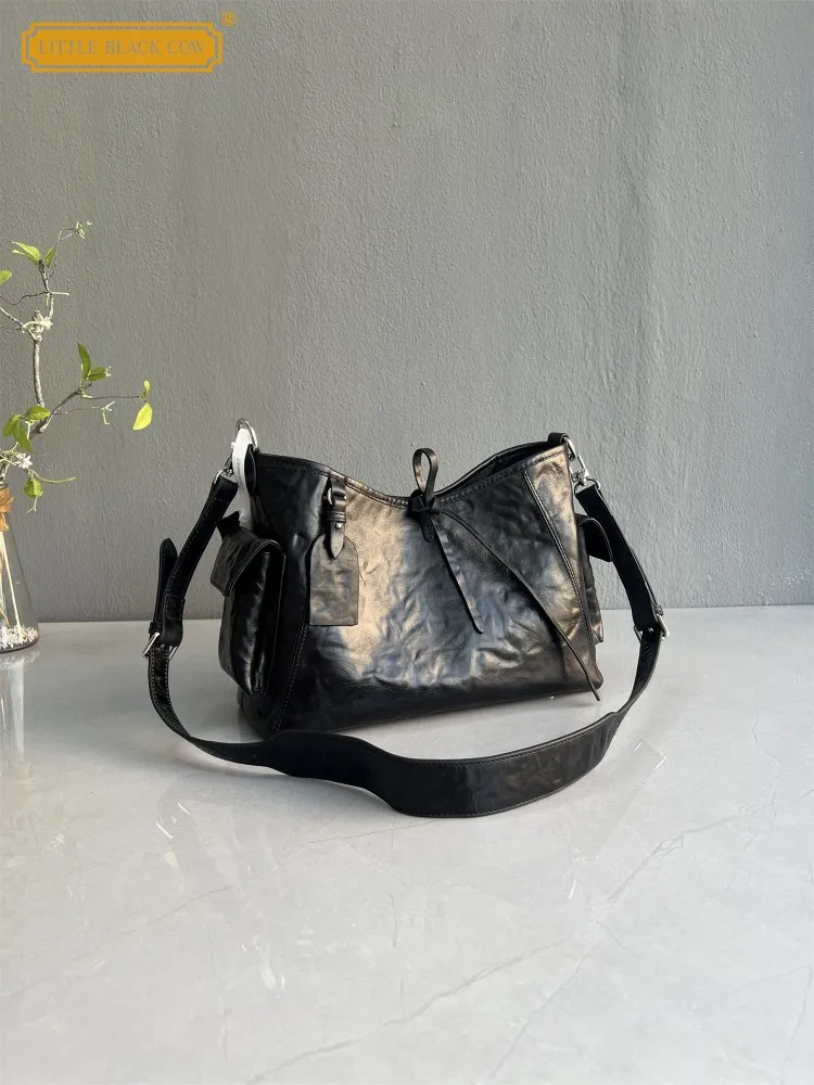 

Vintage Women Black Genuine Leather Buckle Soft Leather Handbag Single Shoulder Bag Casual Lady Designer Underarm Crossbody Bags