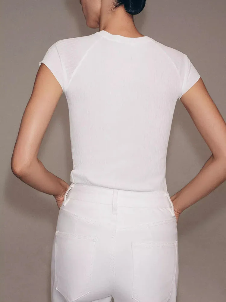 

Spring New Arrival Women's Knitted Short Sleeve round Neck Pure Color Ribbed Top Casual Style Slim Fit Knitwear Fashion