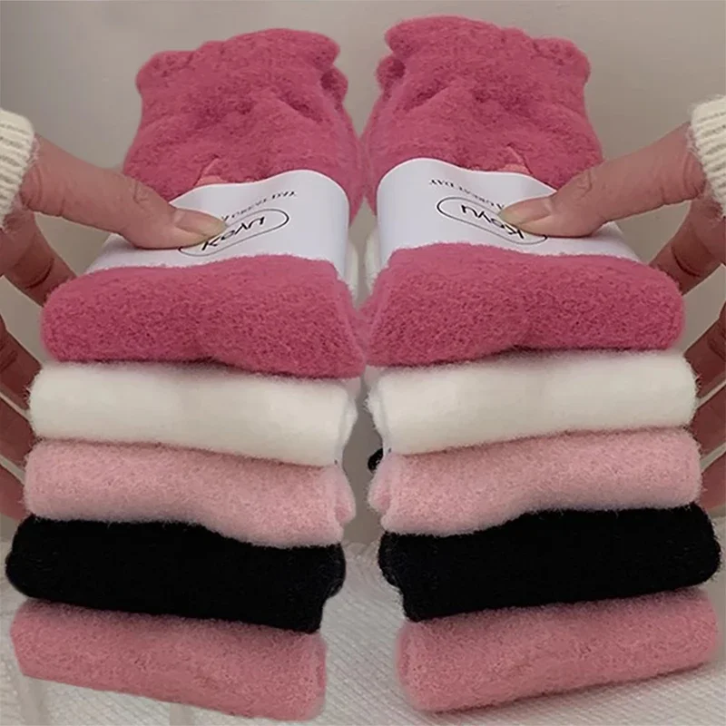 Pink Cute Cat Mink Fleece Super Socks Women Winter Warm Thicken Plush Middle Tube Socks Thermal Cozy Sleep Floor Kawaii Sock