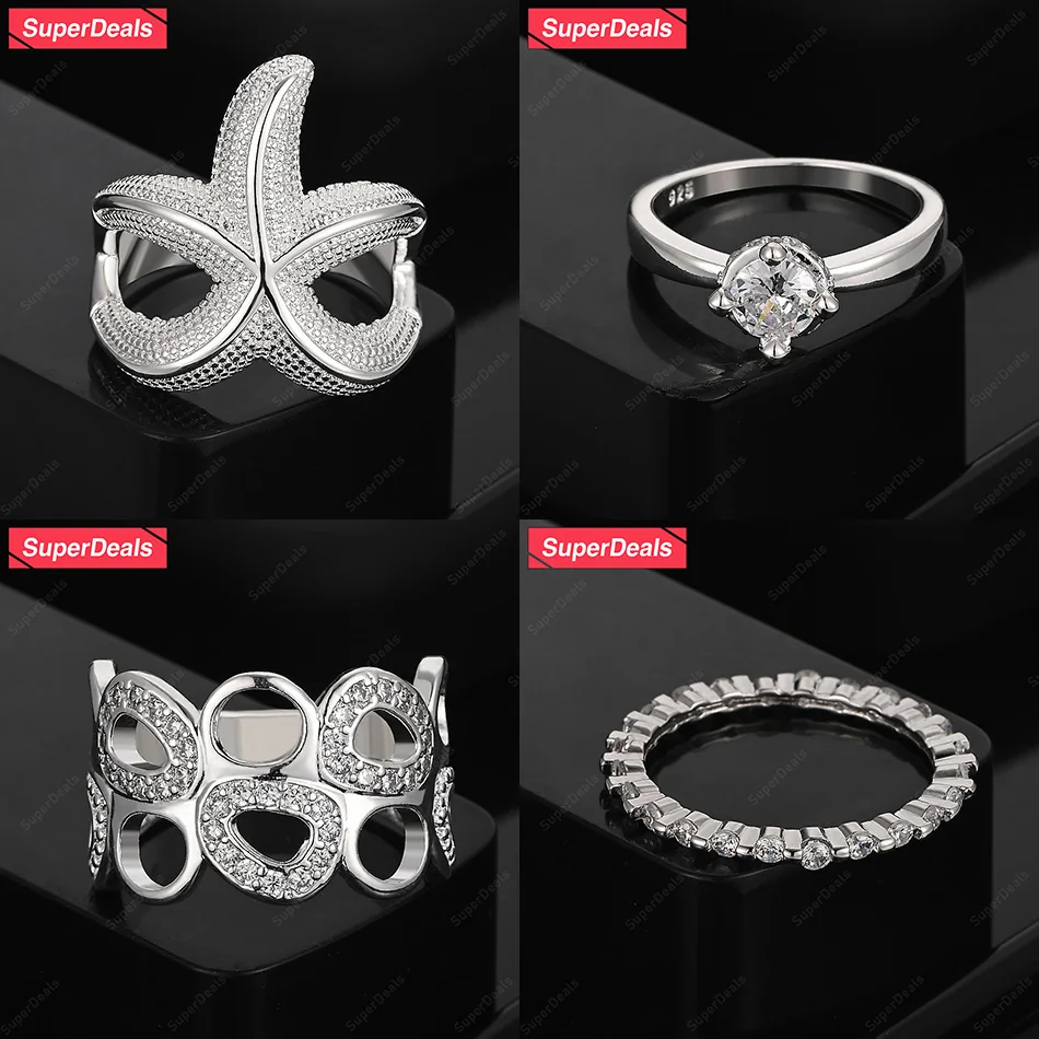 

SuperDeals 925 Sterling Silver Starfish Inlaid Zircon Round Hollow Ring Women Fashion Trend Jewelry Anniversary Party Gift