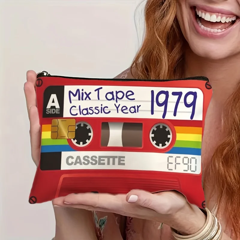 Retro Mixtape Style Vintage Cassette Tape Design Foldable Travel Toiletry Bag | Lightweight Zipper Closure Makeup Storage Pouch