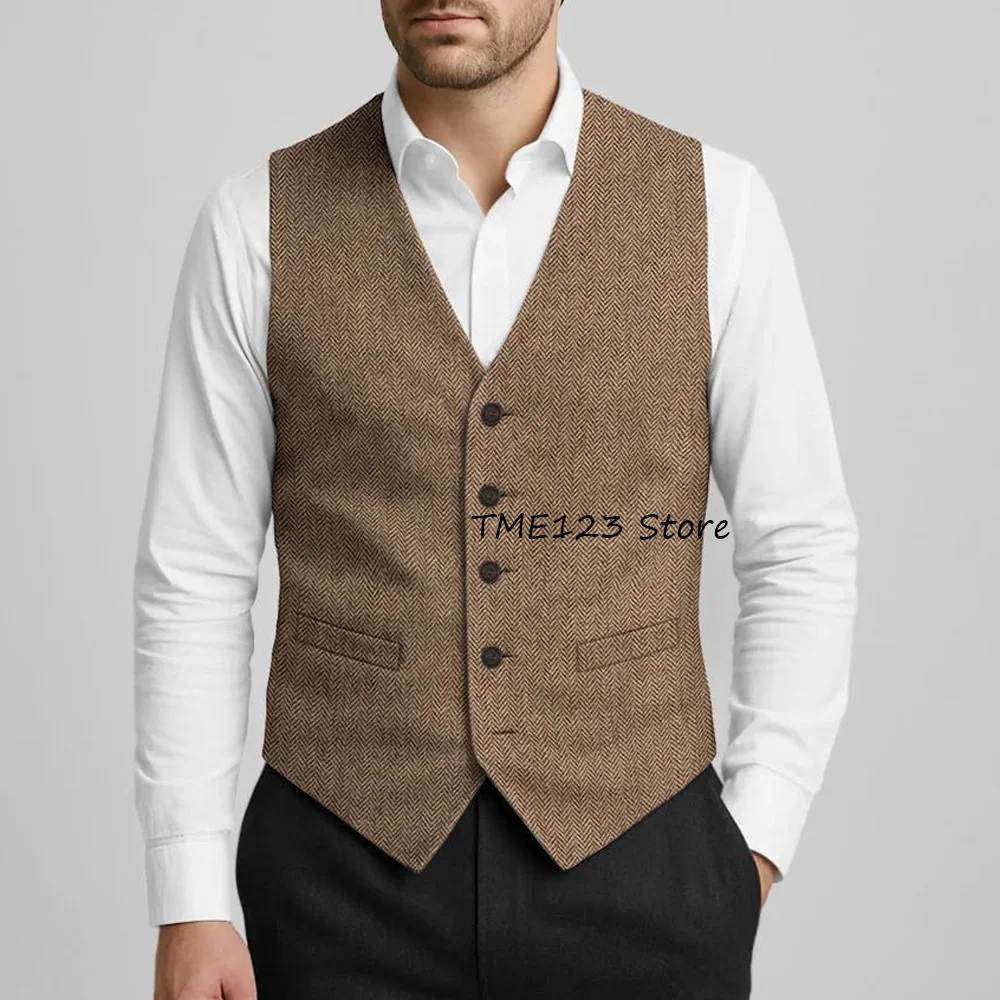 

Herringbone Fabric Elegant Man Vest for Men's Suit Welt Pockets Business Casual Style V-neck Single-breasted Classic Sleeveless