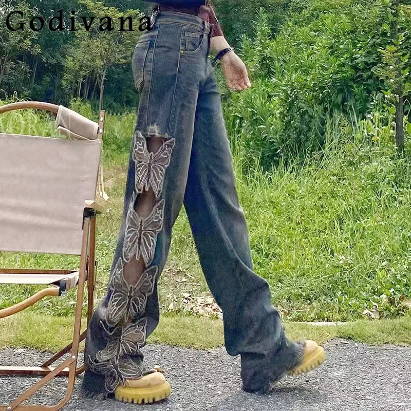 

New European American High Waist Girl Heavy Industry Jeans Spring Summer Sexy Hollow Butterfly Embroidered Floor-mopping Pants