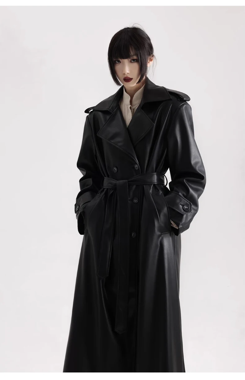 Lautaro Spring Autumn Extra Long Black Soft Pu Leather Trench Coat for Women Double Breasted Loose Casual Korean Fashion 2024