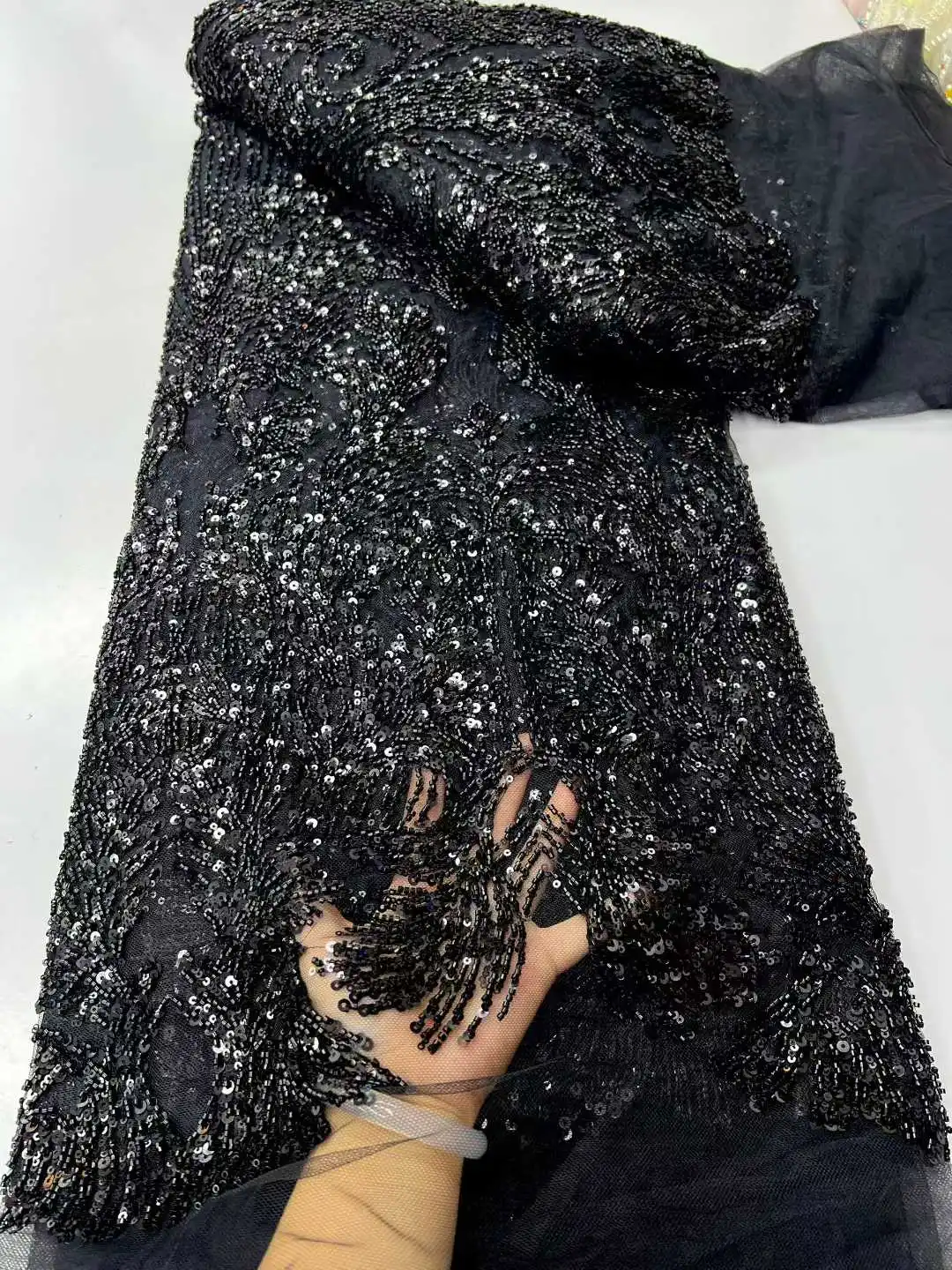 

Высококачественная кружевная ткань с тяжелыми блестками и роскошными бусинами, тюлевое кружево с блестками для свадебного платья, роскошное вечернее платье, французское кружево