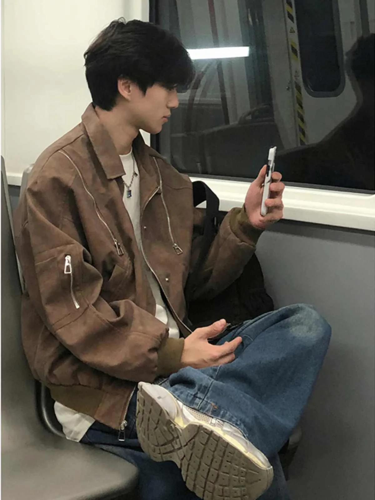 

Vintage American Sle Men's Leather Jaet Zipper Motorcycle Spring Autumn Faion Outerwear Youth Loose Fit Pure Online S