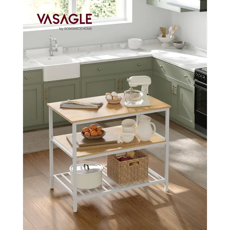 VASAGLE Kitchen Island with 3 Shelves, 39.4 Inches Width Kitchen Shelf with Large Worktop, Stable Steel Structure, Industrial