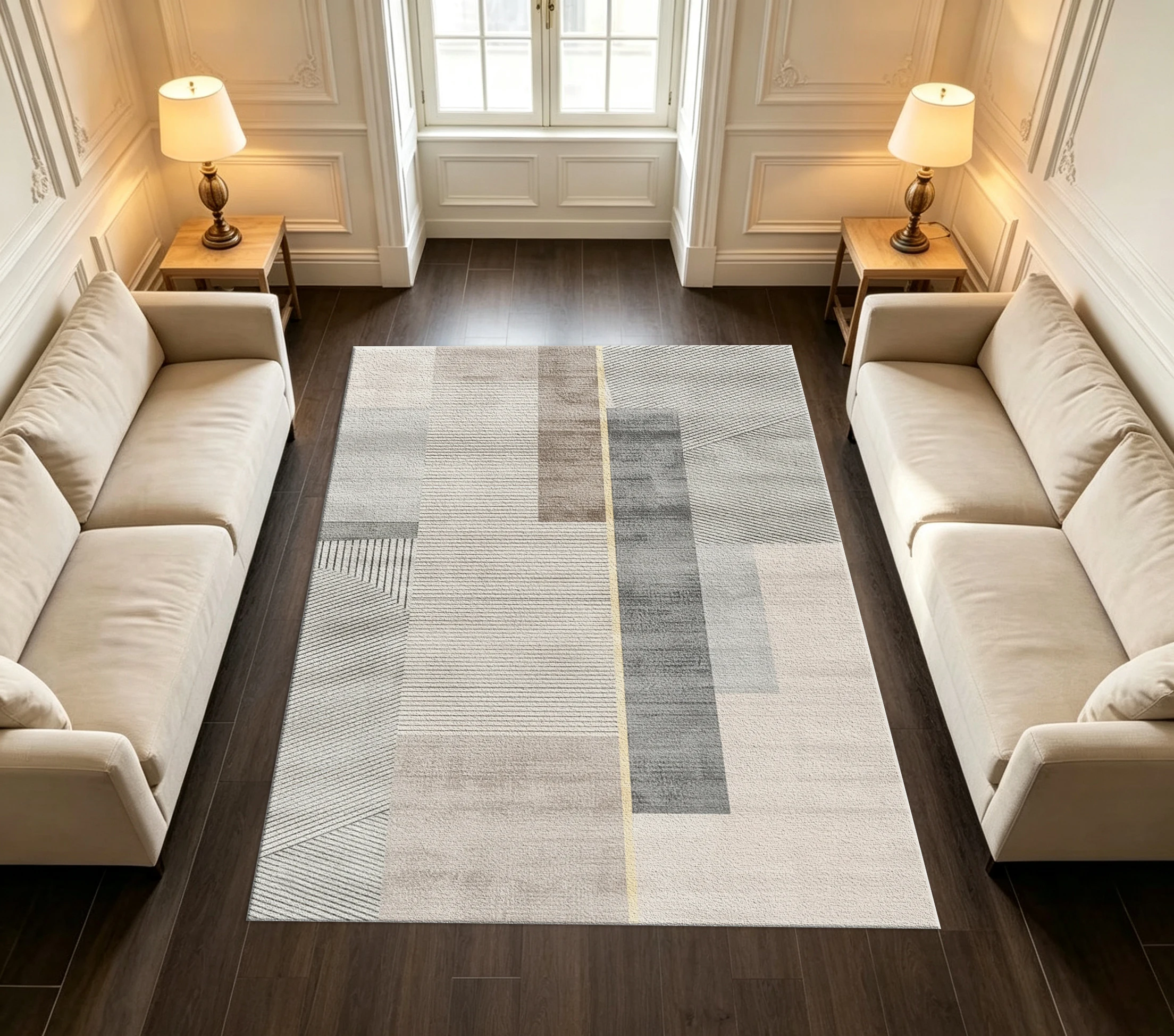 Neutral Tone Geometric Line Splicing Area Rug Carpet Flooring Modern Minimalist Floor Rug for Living Room Bedroom Decor