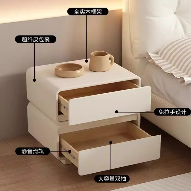 

Solid wood leather bedside table Modern simple bedroom Small bedside storage cabinet Cream wind storage cabinet Free installatio