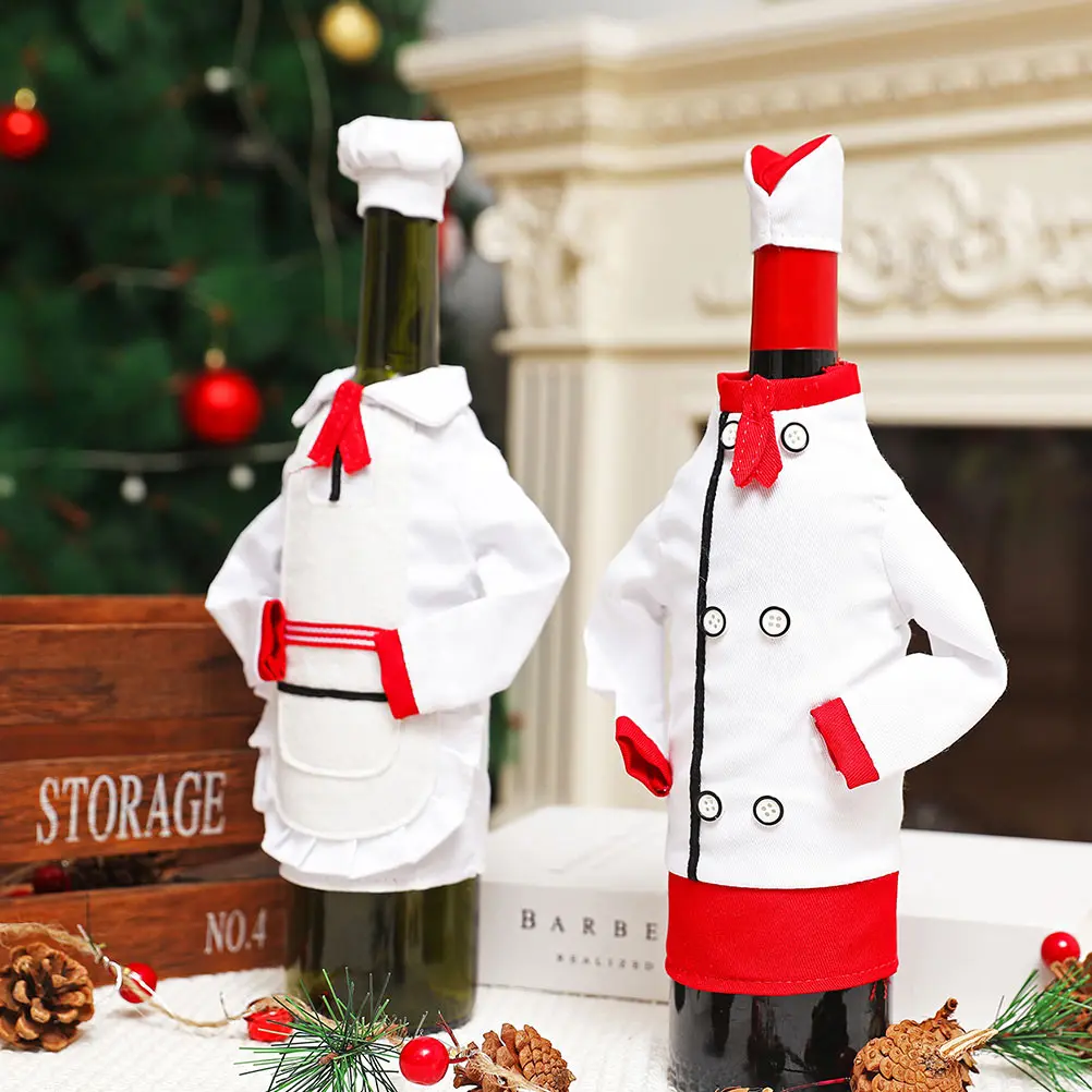 

2 Sets Chef Clothing Hats Xmas Bottle Covers Decorative Bottle Decors Festive Party naments Christmas Bar Tools