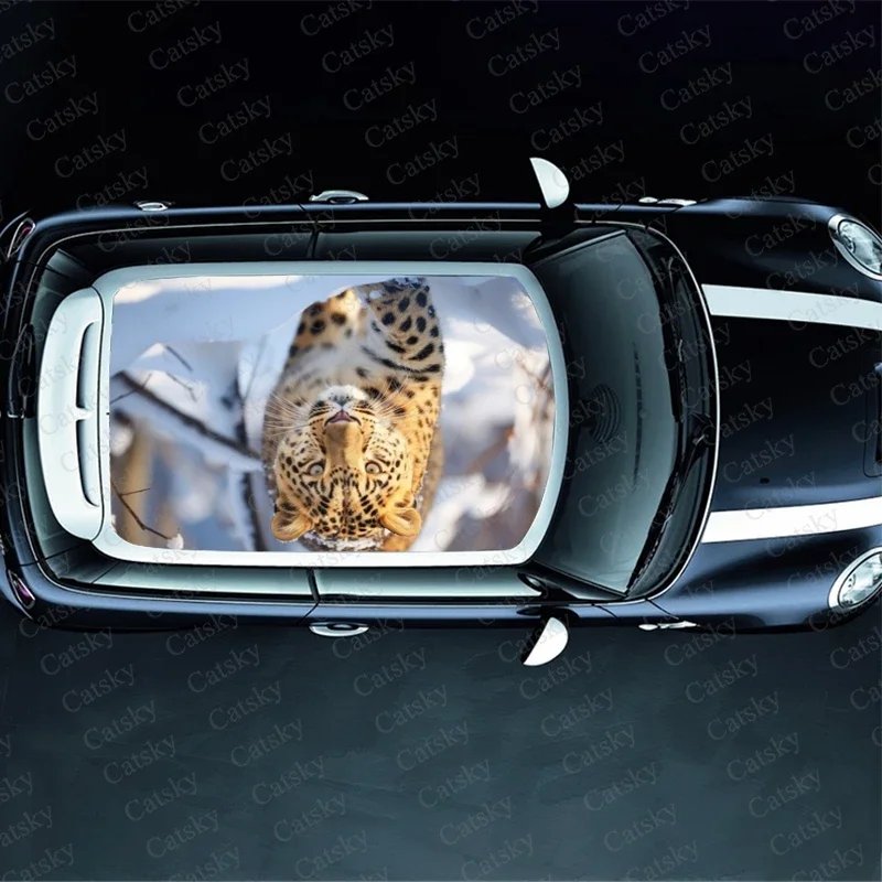 Leopard in Snow Car Roof Sticker Wrap Racing SUV Accessories Packaging Painted PVC Custom Car Graphic Decal