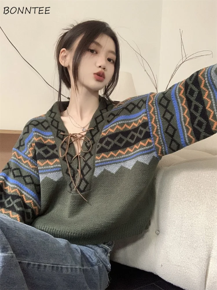 Vintage Sweaters Women Lace-up Elegant Cozy V-neck Trendy Ladies BF Style Pullovers Ulzzang Knitwear Classic High Street Autumn