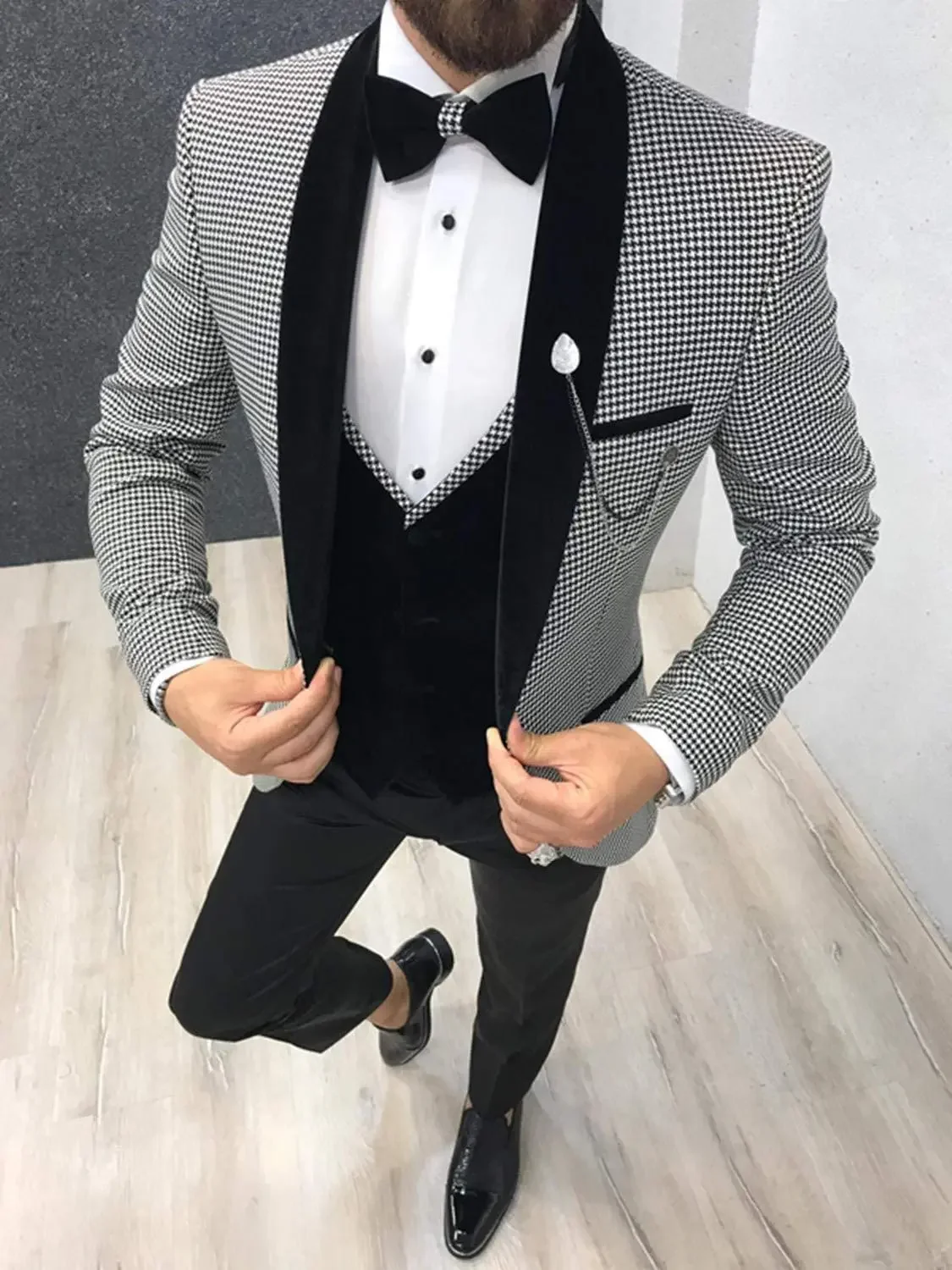 Men\'s Houndstooth Formal Three-Piece Suit Velvet Vest and Shawl Lapel Tuxedos Business Prom Wedding Set (Jacket+Vest+Pants)）