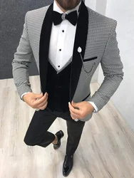 Men's Houndstooth Formal Three-Piece Suit Velvet Vest and Shawl Lapel Tuxedos Business Prom Wedding Set (Jacket+Vest+Pants)）