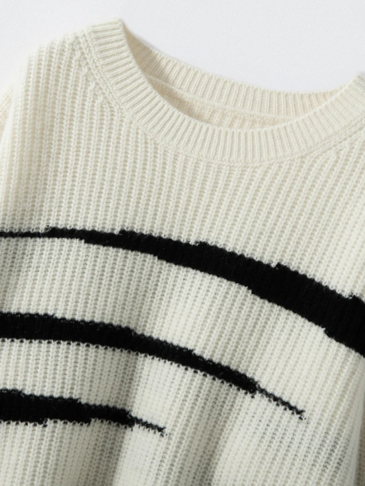 High Quality 100% Cashmere Women Sweater Thick Warm O-neck Pullover Autumn Winter Vintage Style Loose Striped Cashmere Knitwear