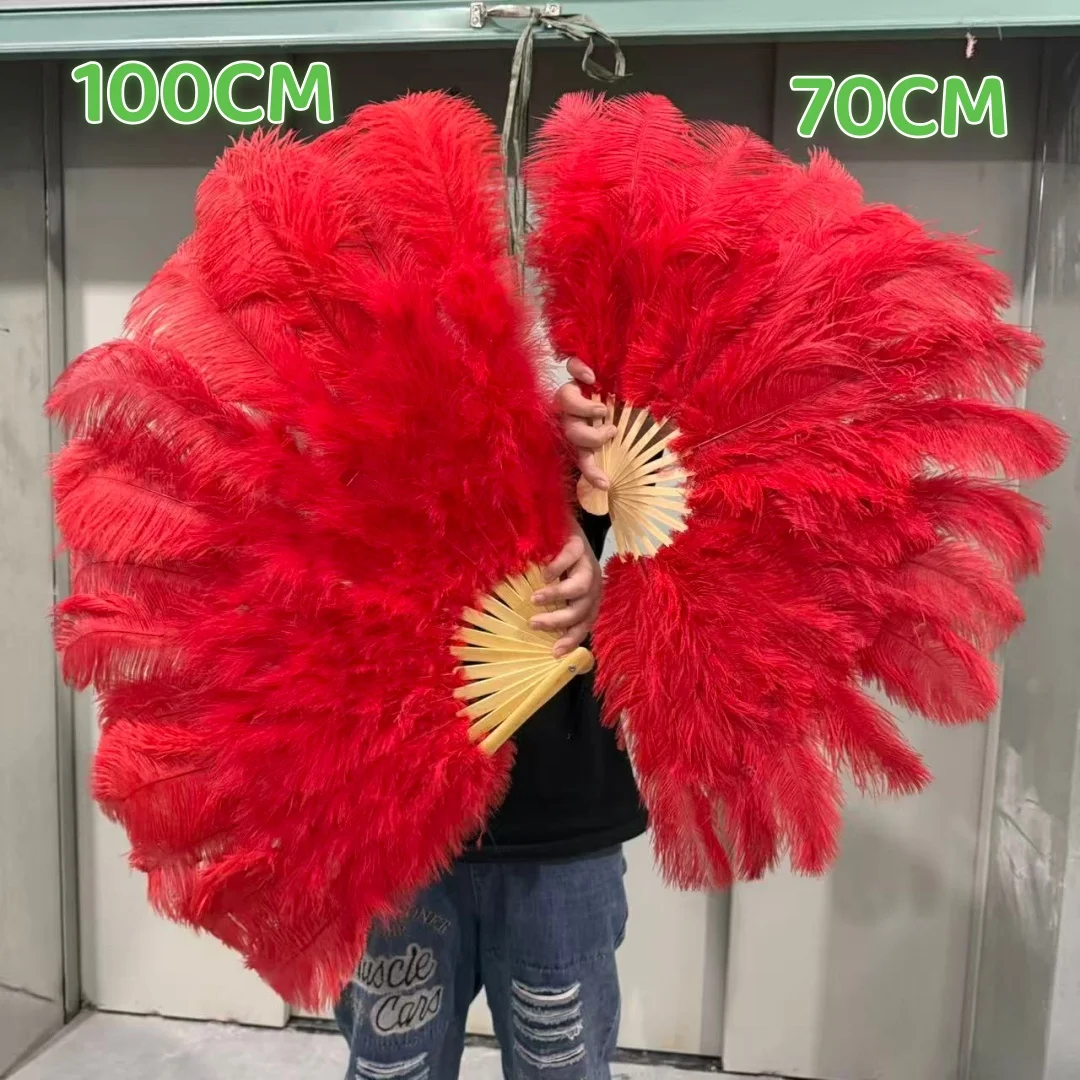 13/15Bone Colorful Ostrich Feather Fan 100CM 70CM for Burlesque Dance Showgirl Costumes Halloween Handle Crafts Party FansFans