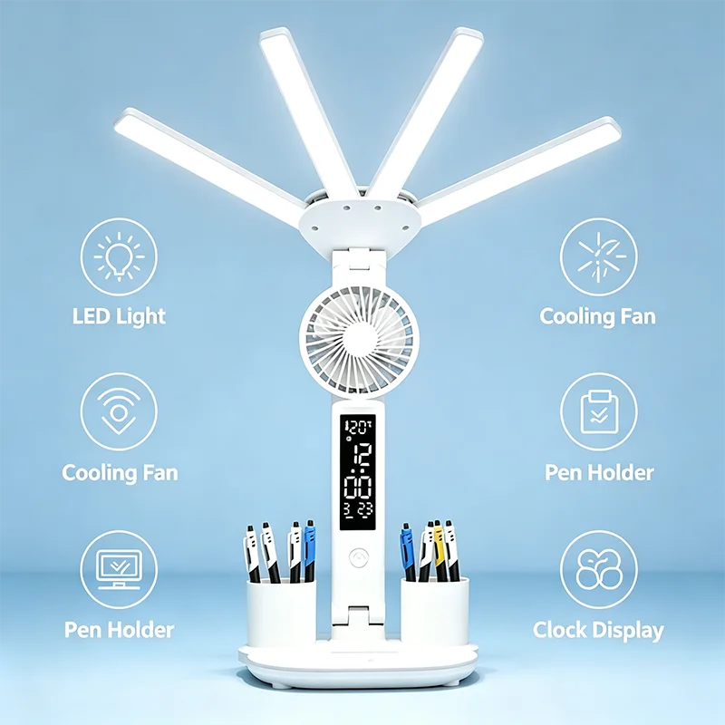 Multifunctional LED Study Table Lamp Rechargeable Reading Light Built In Cooling Fan And Digital Time Clock Display