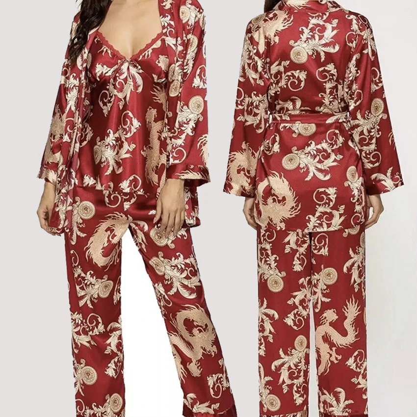 

Шелковистые атласные пижамы для женщин: новый весенний комплект для сна, сексуальный комплект из 3 предметов (топ на бретельках, брюки и халат) с принтом, домашняя одежда, ночное белье