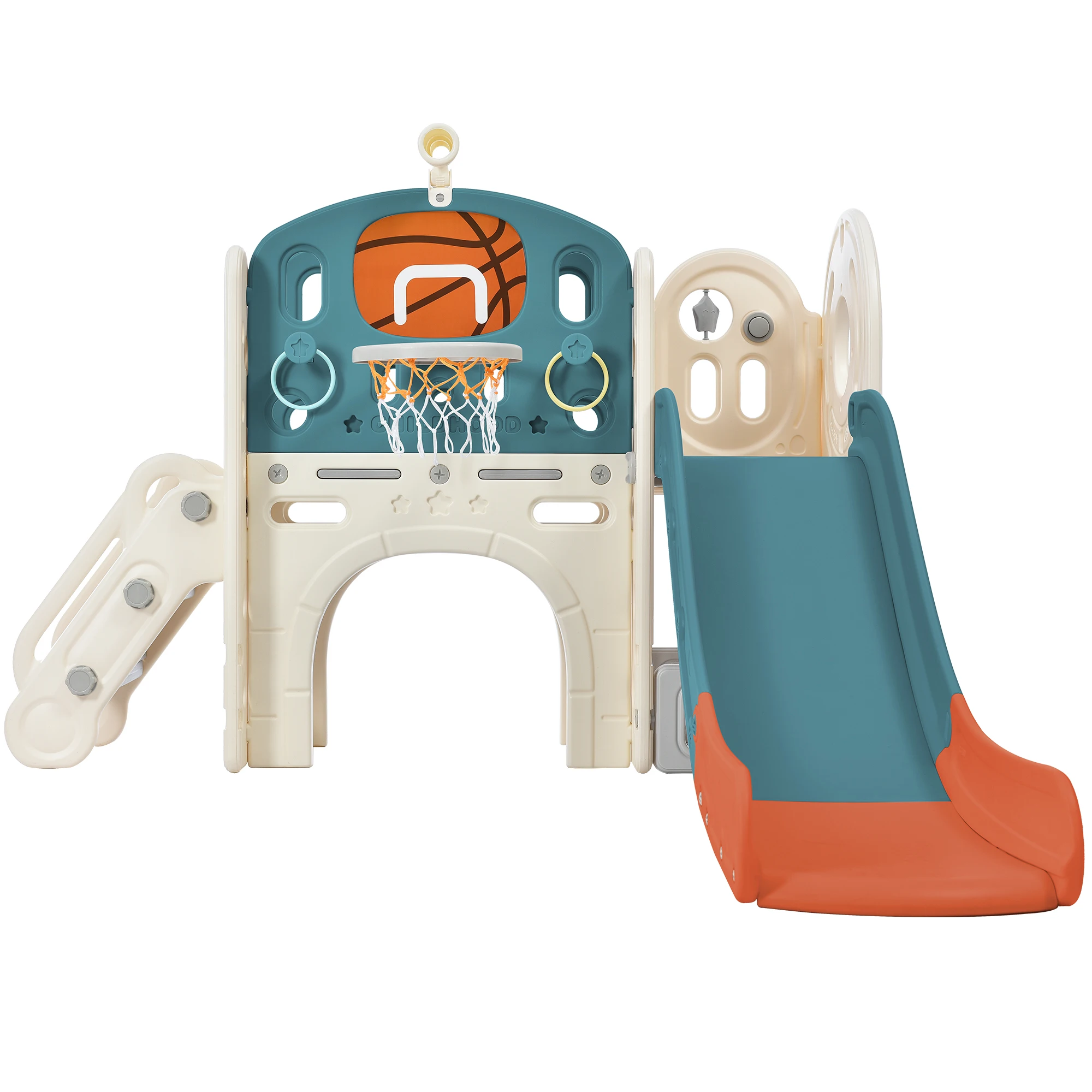 Climbing Crawling Playhouse Freestanding Arch Tunnel With Slide Ring Toss Basketball Hoop Toy Storage Organizer For Toddlers