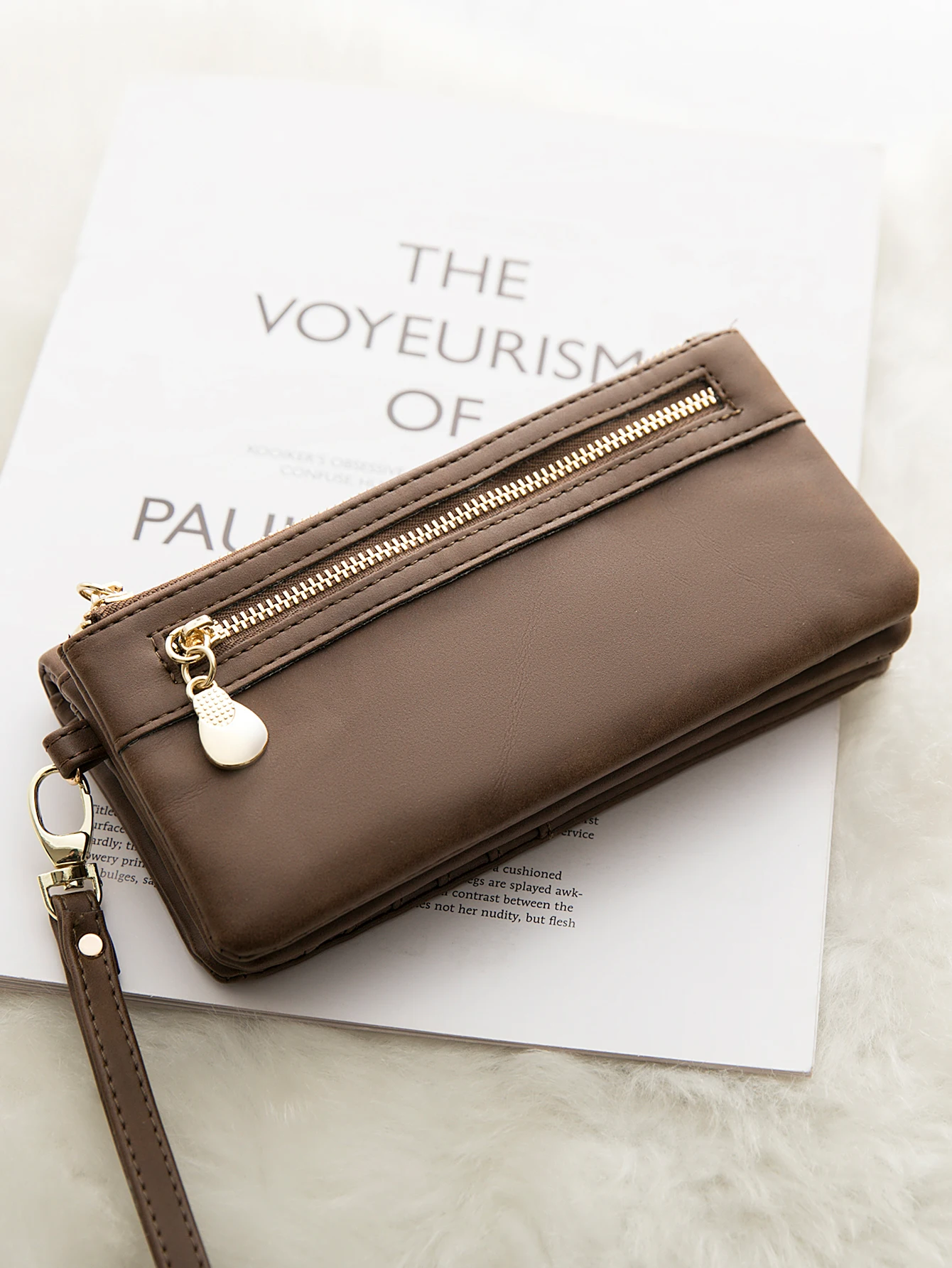 Große Damen-Geldbörse aus mattem Leder mit doppeltem Reißverschluss, Clutch-Handgelenktasche, Handy-, Münz- und Kartenhalter, Multi-Pocket-Geldbörse – Detail 10