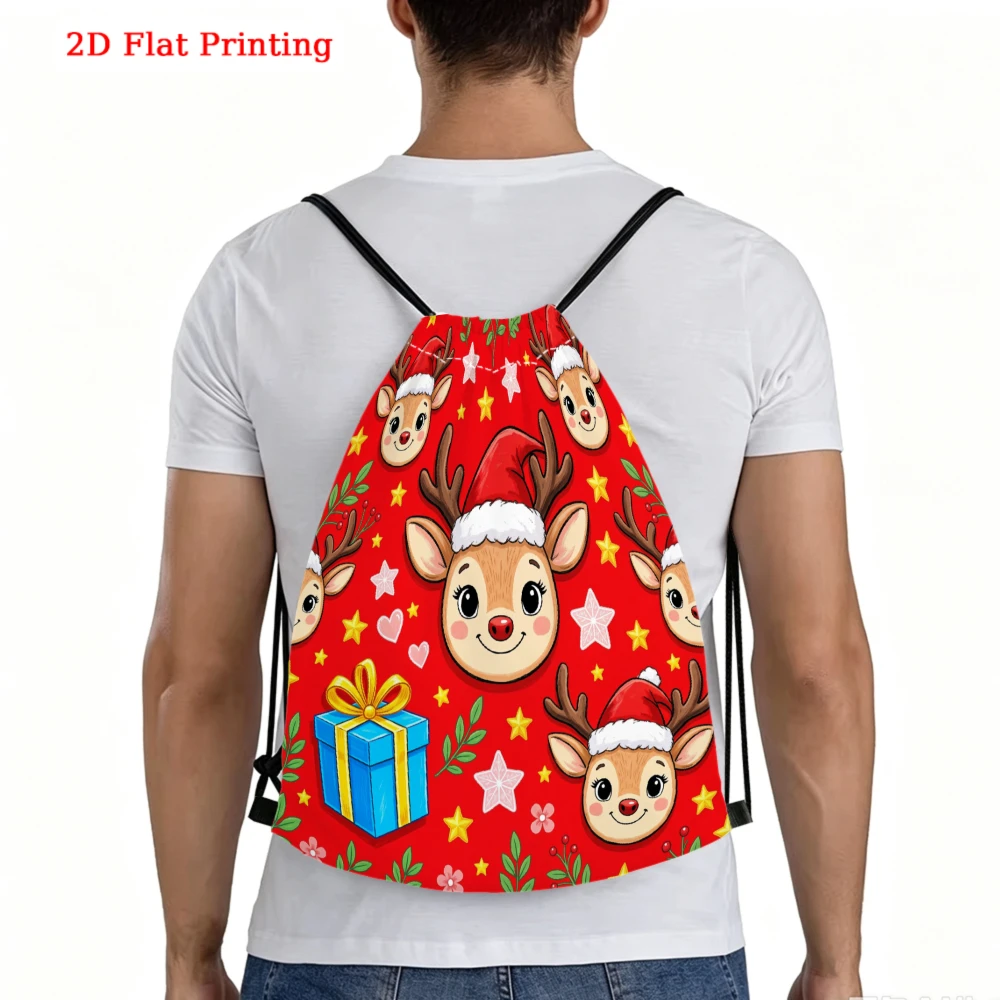 Cute Christmas Style, Drawstring Backpack, 2D Flat Printing Reindeer Pattern, Fitness Sports Bag, Outdoor Travel Drawstring Bag