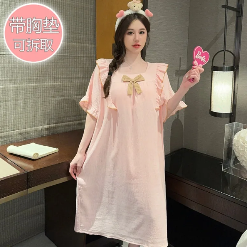 

Женская летняя ночная рубашка больших размеров 5XL с накладкой на грудь, корейская милая короткая одежда для сна без рукавов, однотонная свободная пижама с рюшами, среднее платье