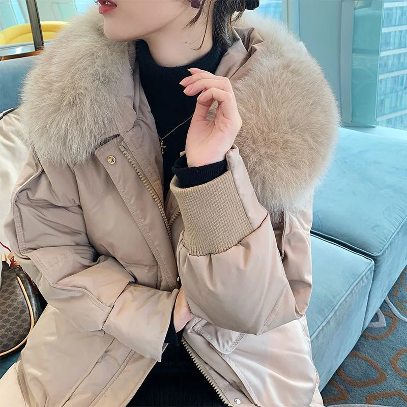 2024New Fox Fur Collar Down Jacket Women Mid-Length Cotton Coat Thickened Loose White Duck Down Over The Knee Jackets Female Top