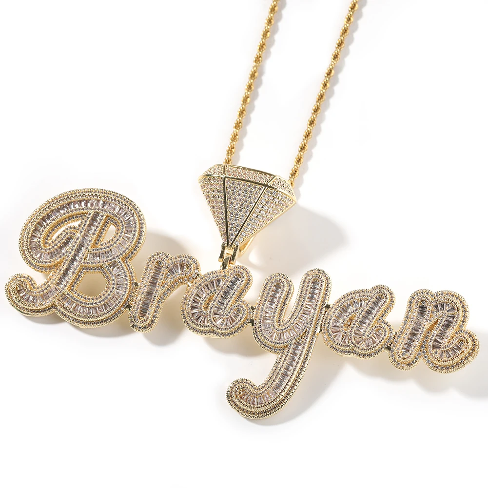 TBTK مخصص الماس الكفالة Baguettecz مخطوطة رسائل اسم قلادة قلادة مثلج خارج تشيكوسلوفاكيا سلسلة قلادة الهيب هوب مجوهرات