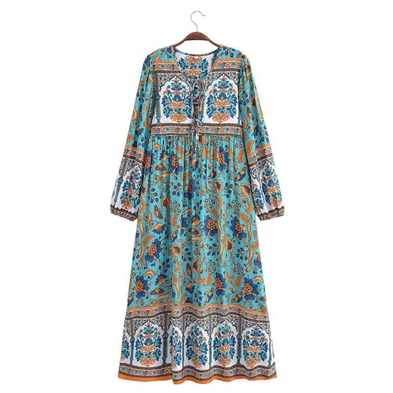 Robe longue droite BO00-Paisley pour femme, imprimé fleuri, nœud, laçage, cou, viscose, coton, manches longues, robe maxi, vacances, 2024