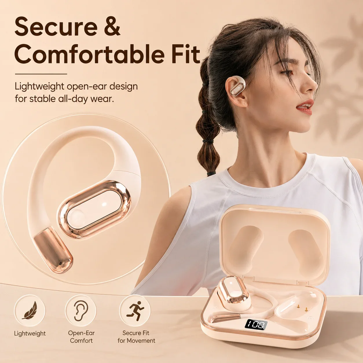 Gaming Headset Bluetooth Headphones Open-Ear Clip-On Adjustable Ear-Hook Lightweight Secure Fit Bluetooth 5.4 TWS Earbuds