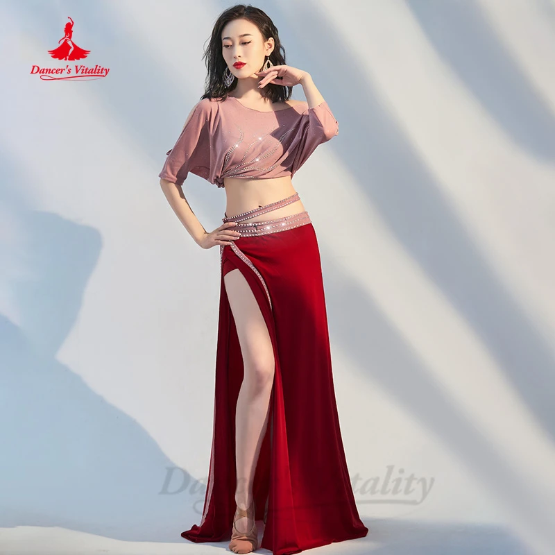 

Belly Dance Costume Suit 2023 New Oriental Dance Practice Clothing Half Sleeves Top+split Long Skirt 2pcs Bellydancer Wear Set