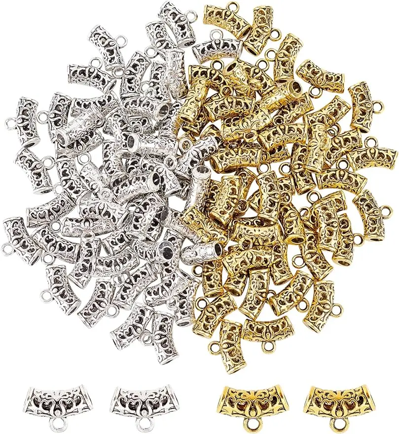 

100Pcs 2Colors Tibetan Bail Beads Curved Bail Tube Beads Alloy Bead Hangers Golden Connector Links Spacers Beads with Loop