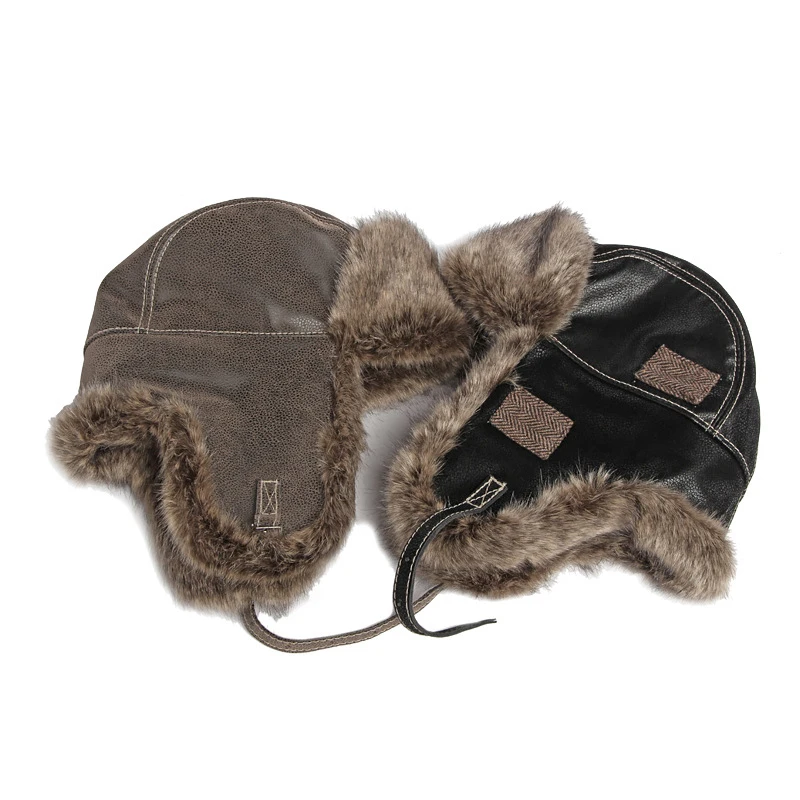 Winter Hat Men Bomber Cap Women Leather Ushanka Russian Hat with Earflaps Velvet Thick Snow Windproof Faux Fur Pilot Aviator Cap