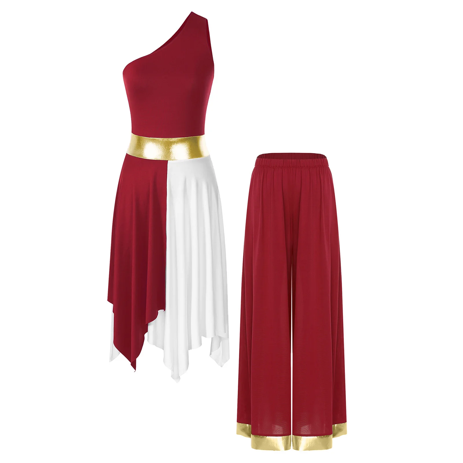 

Womens Modern Lyrical Dance Outfit Worship Praise Dance Costume One Sleeveless Shoulder Dress And Wide Leg Pants Performance Set