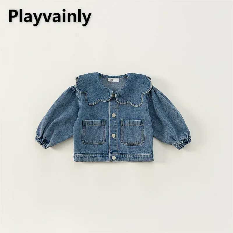 Korean Style Spring Autumn Kids Girl Denim Coat Ruffle Collar Long Sleeve Outerwear Children Fashion Versatile Clothes E82075