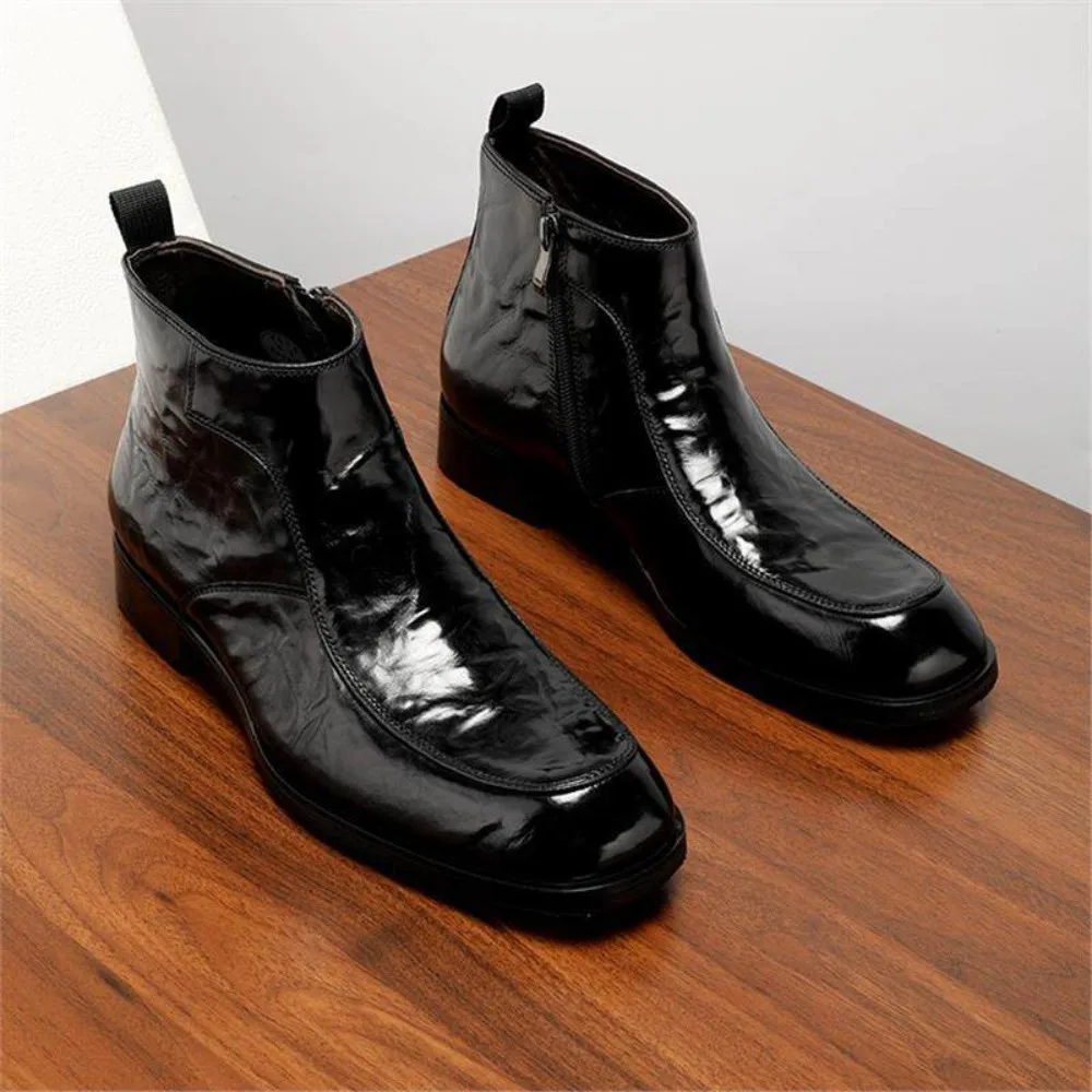 High Grade Handmade Fetlock Cowhide Mens Boots Genuine Leather High Top Zipper Short Boots Hand Grab Texture