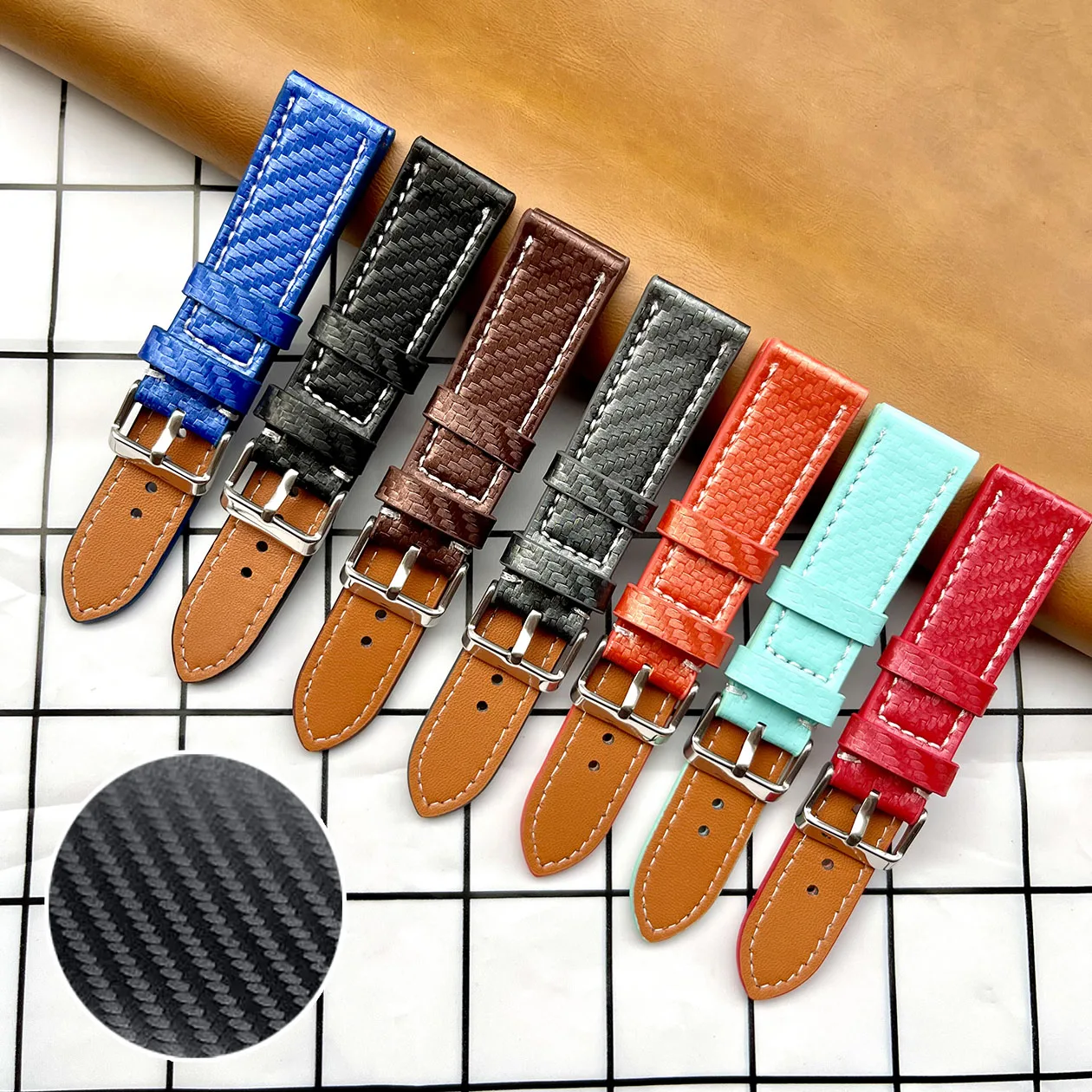 Ultra-suede Leather Watchband with Carbon Fiber Pattern Suitable for Mechanical And Smartwatches Waterproof Sweat-resistant Soft