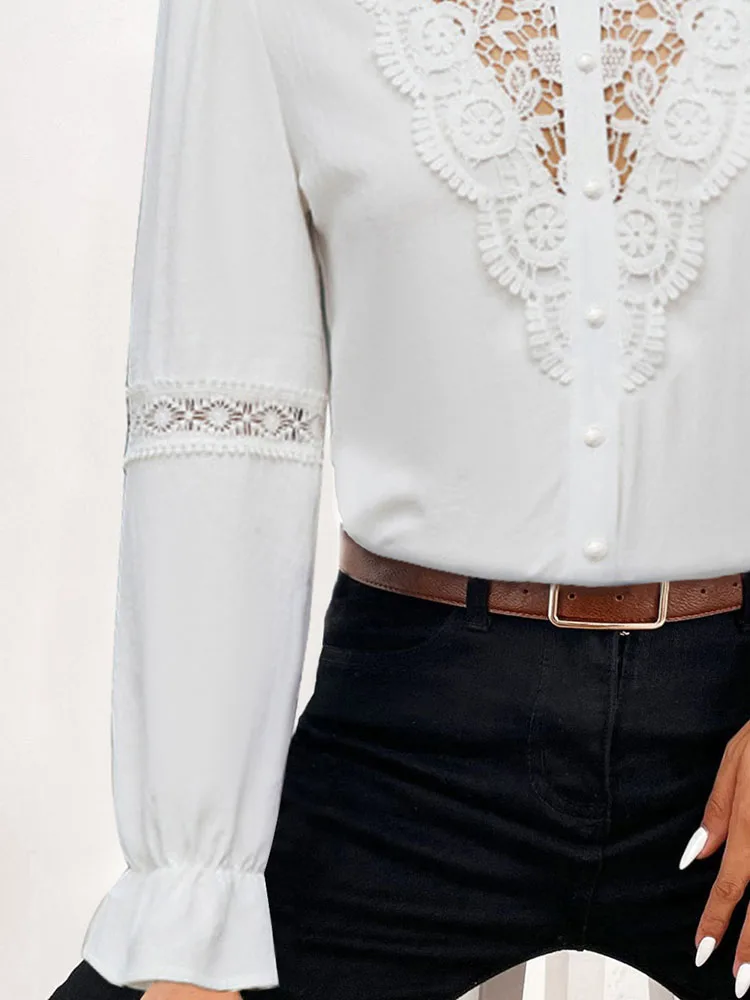 Women's Blouses 2024 New Spring Fashion White Standing Neck Lace Hollow Out Long Sleeve Chic Casual Shirts For Women Clothing