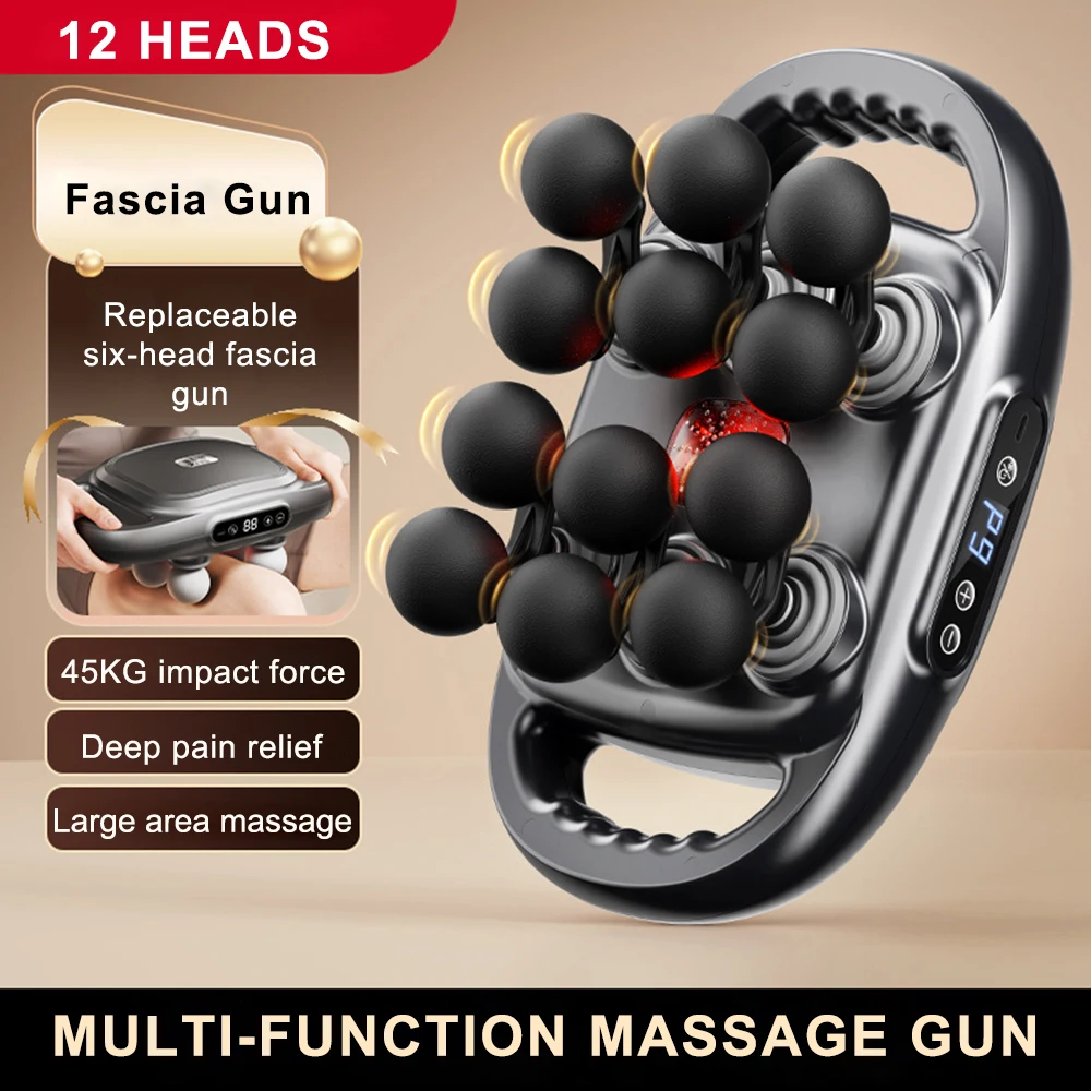 12 Heads Fascia Gun Red Light Deep Tissue Massage High Frequency Vibration Back Waist Muscle Relaxation Electric Massage Gun