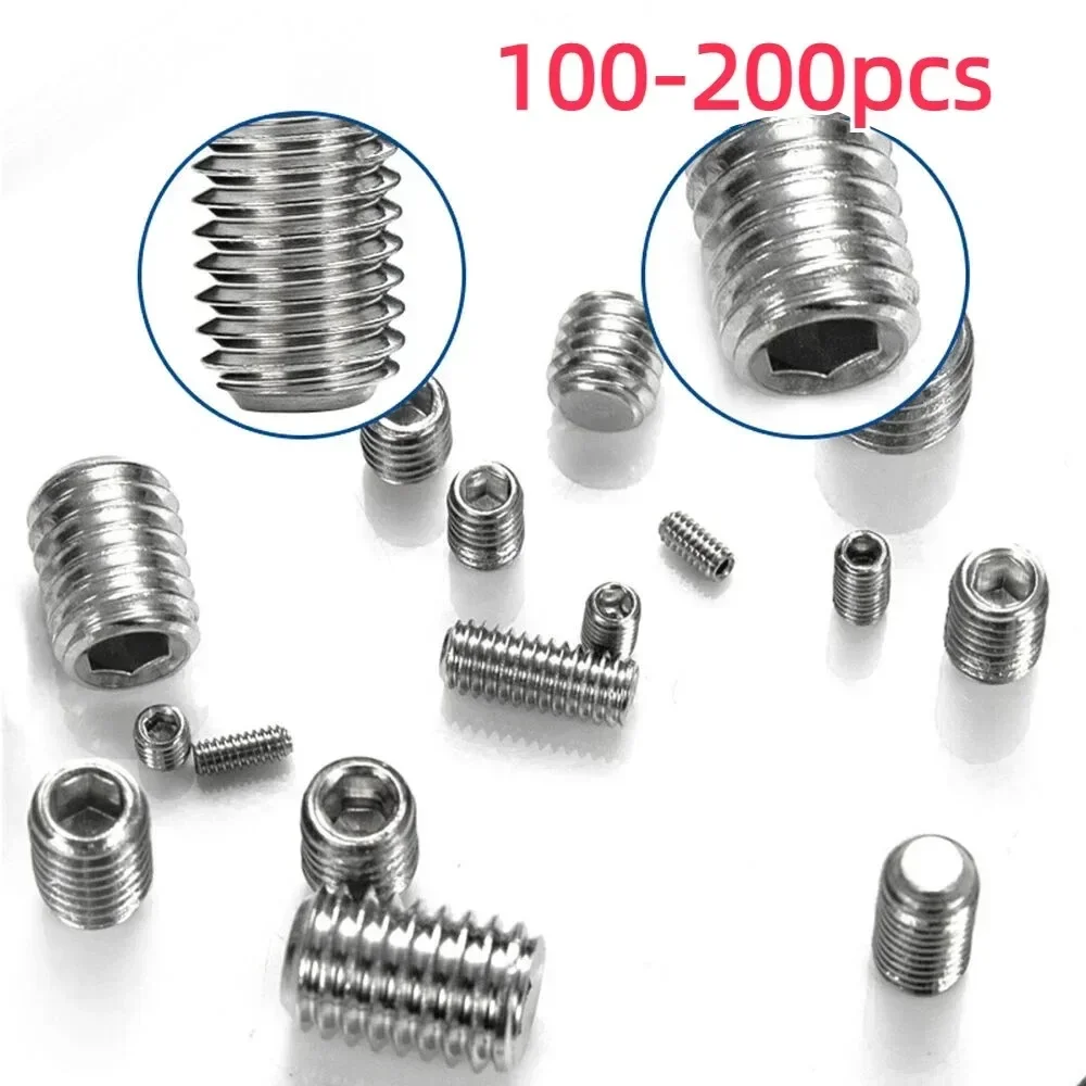 100/200PCS M3 M4 M5 M6 M8 304 Stainless Steel Black Hex Hexagon Socket Allen Flat Point Grub Bolt Set Screw Kit Box