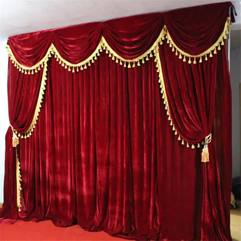 High Quality Velvet Wedding Backdrop Curtains With Tassel Swags Stage Performance Background Curtain 3x3m Wedding Deaoration