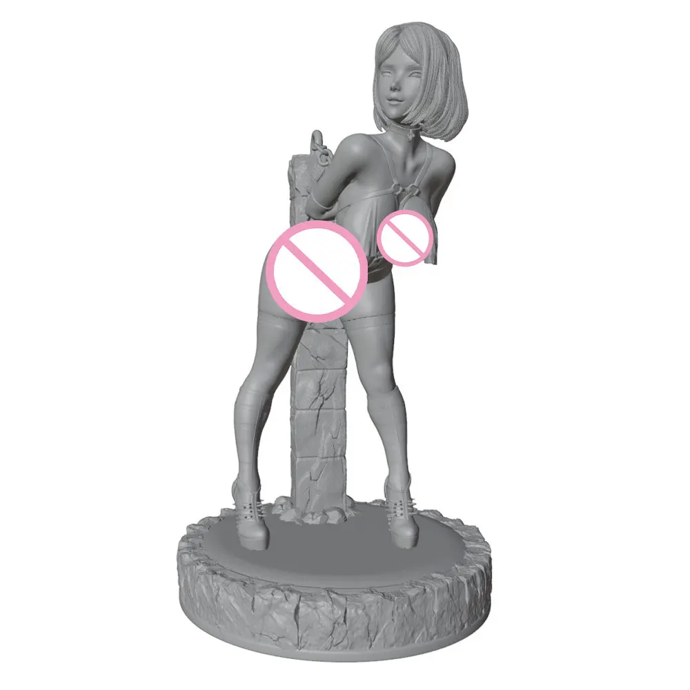 1/24/6 Creative Girl Leaning Against Stone Pillar, Cute and Sexy Girl Resin Model Kit, GK Mini 3D Printed Gray Statue, Unpainted